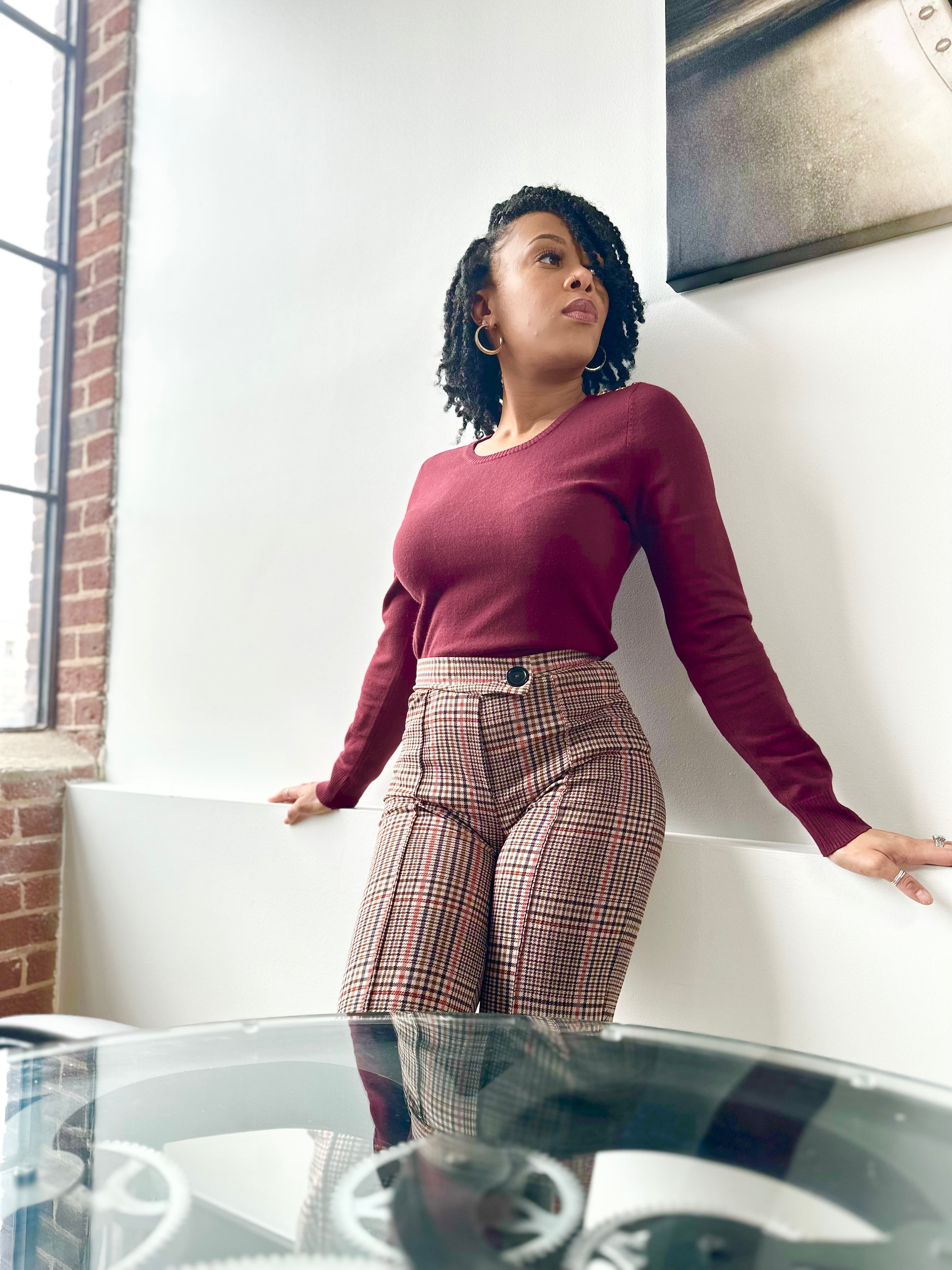 Round Neck Sweater with Gold Accent Buttons