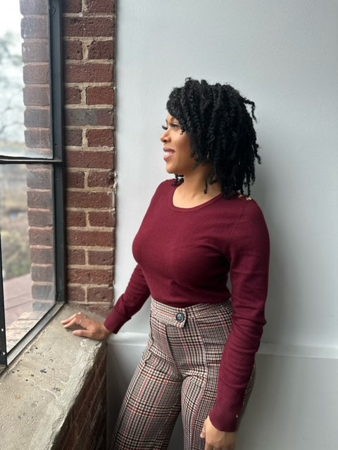 Round Neck Sweater with Gold Accent Buttons