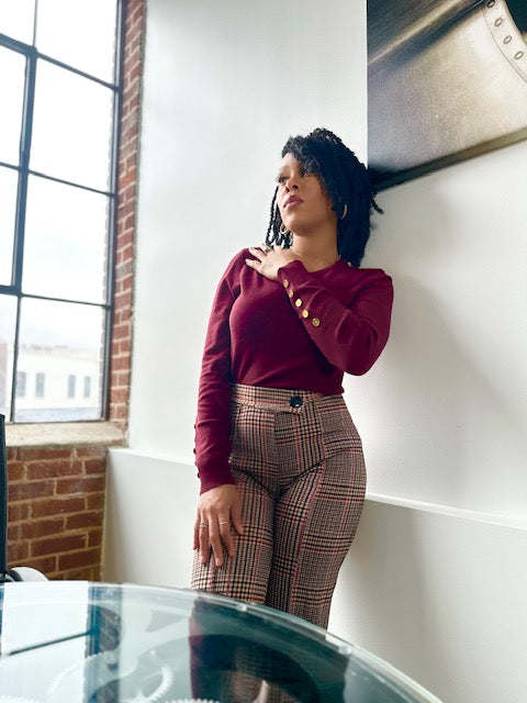 Round Neck Sweater with Gold Accent Buttons