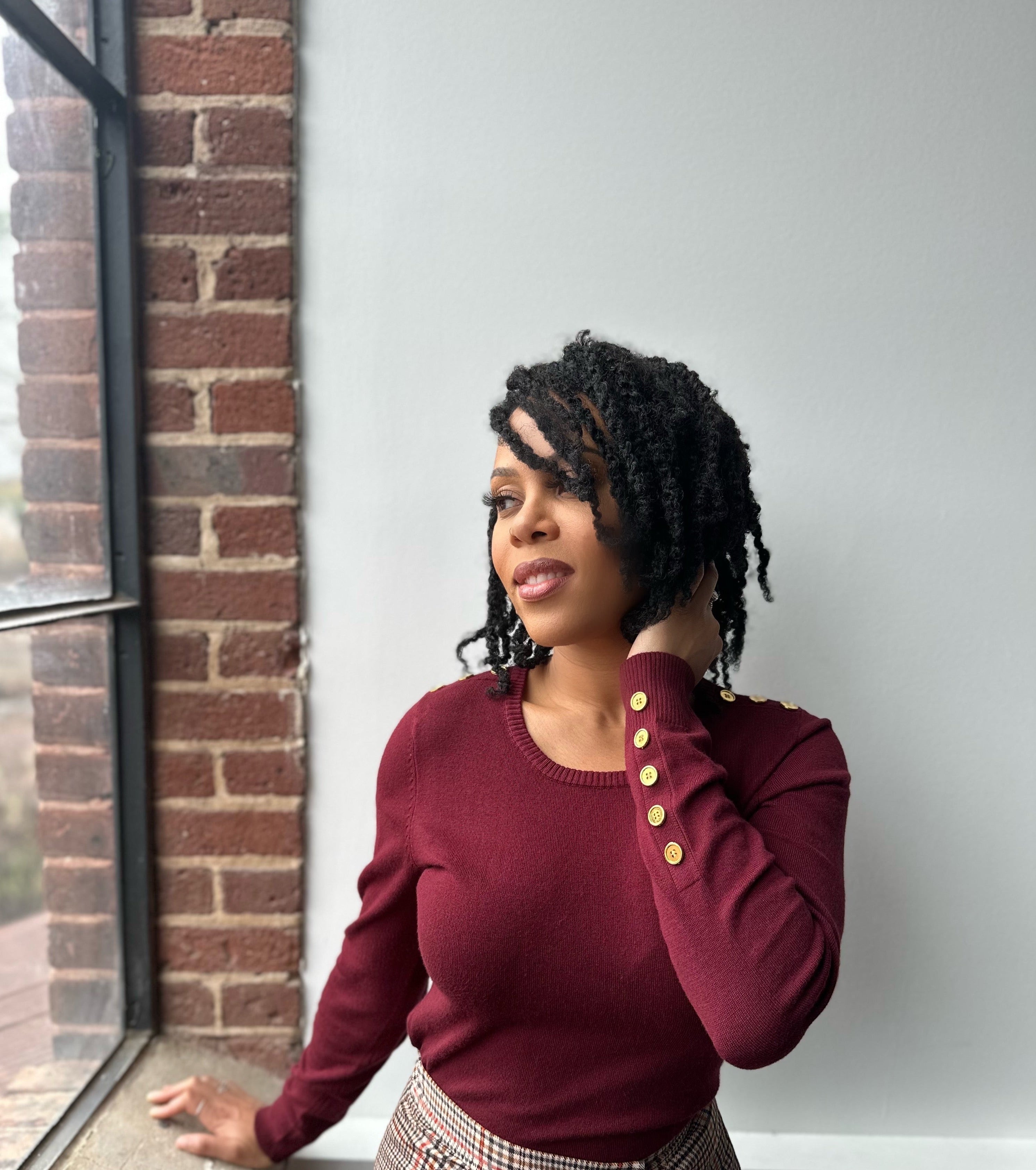 Round Neck Sweater with Gold Accent Buttons